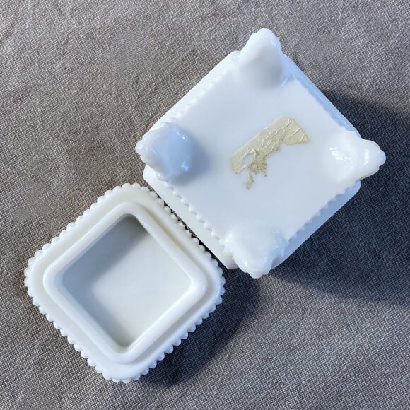Westmoreland Milk Glass Trinket Box, Hand Painted, Sugared Floral, Vintage - Picture 9 of 11